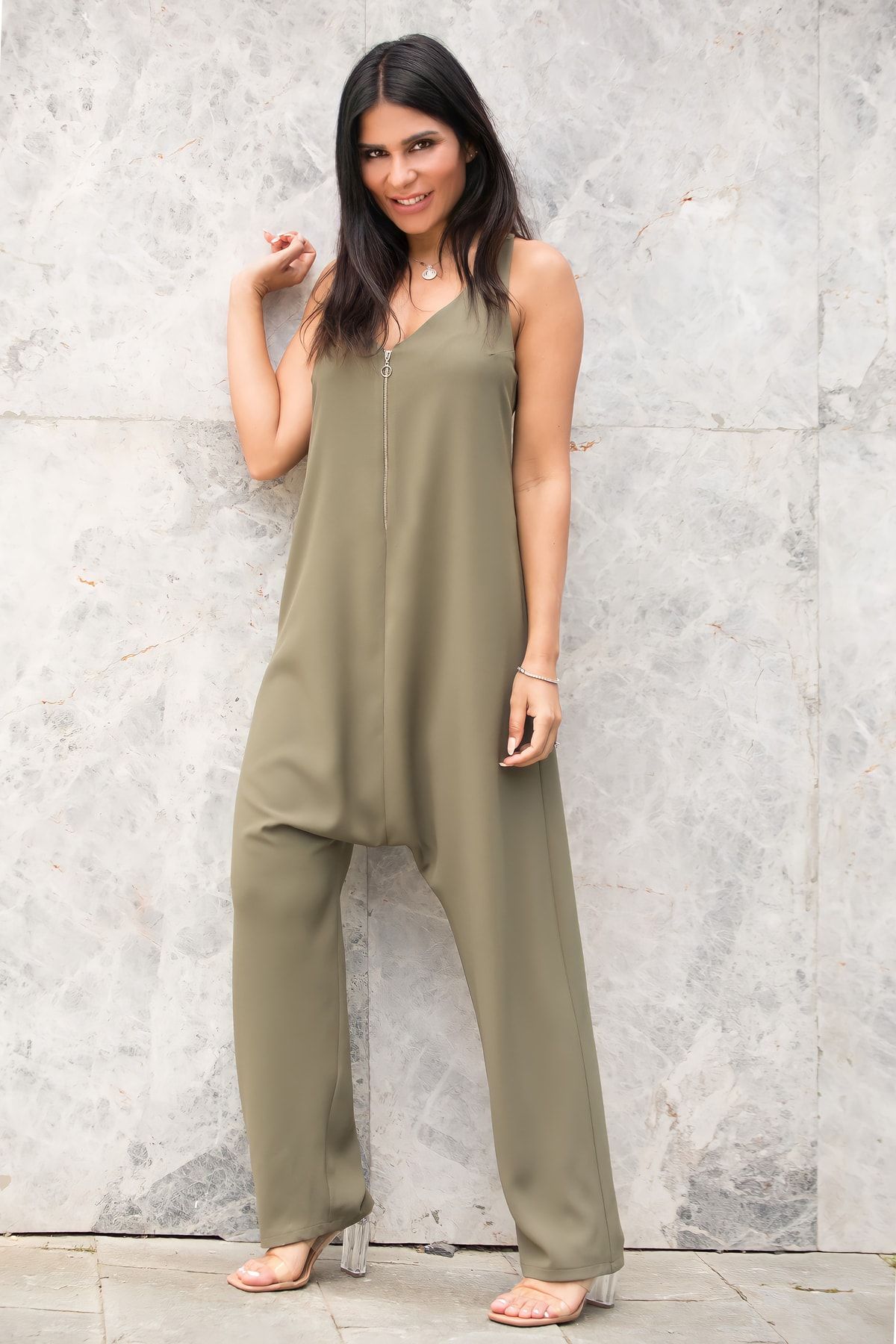 Olive green sales sleeveless jumpsuit