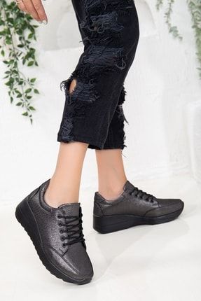 Hakiki Doğal Deri Bağcıklı Siyah Kadın Dolgu Topuklu Cusual Ayakkabı 059-452-DERI