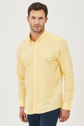 Erkek Sarı Tailored Slim Fit Dar Kesim Düğmeli Yaka %100 Pamuk Gömlek 4A2021200056