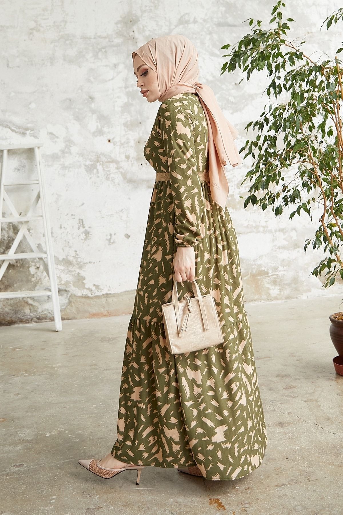 InStyle-Rena Straw Belt Patterned Dress - Khaki 5