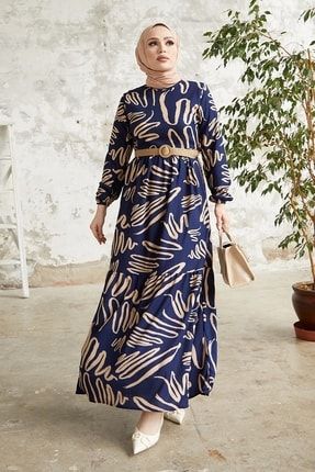 Vesa Desenli Hasır Kemerli Elbise - Lacivert MS00AN00082
