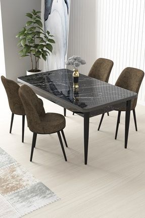 Nil Serisi Siyah Mermer Desenli Sabit Yemek Masası +4 Kahverengi Sandalye CNS64SYHNİL