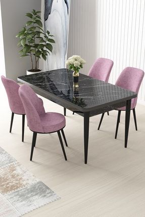 Nil Serisi Siyah Mermer Desenli Sabit Yemek Masası&mutfak Masası +4 Pembe Sandalye CNS64SYHNİL