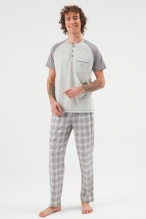 Erkek Kısa Kollu Pijama Takımı Gri Melanj ese30040