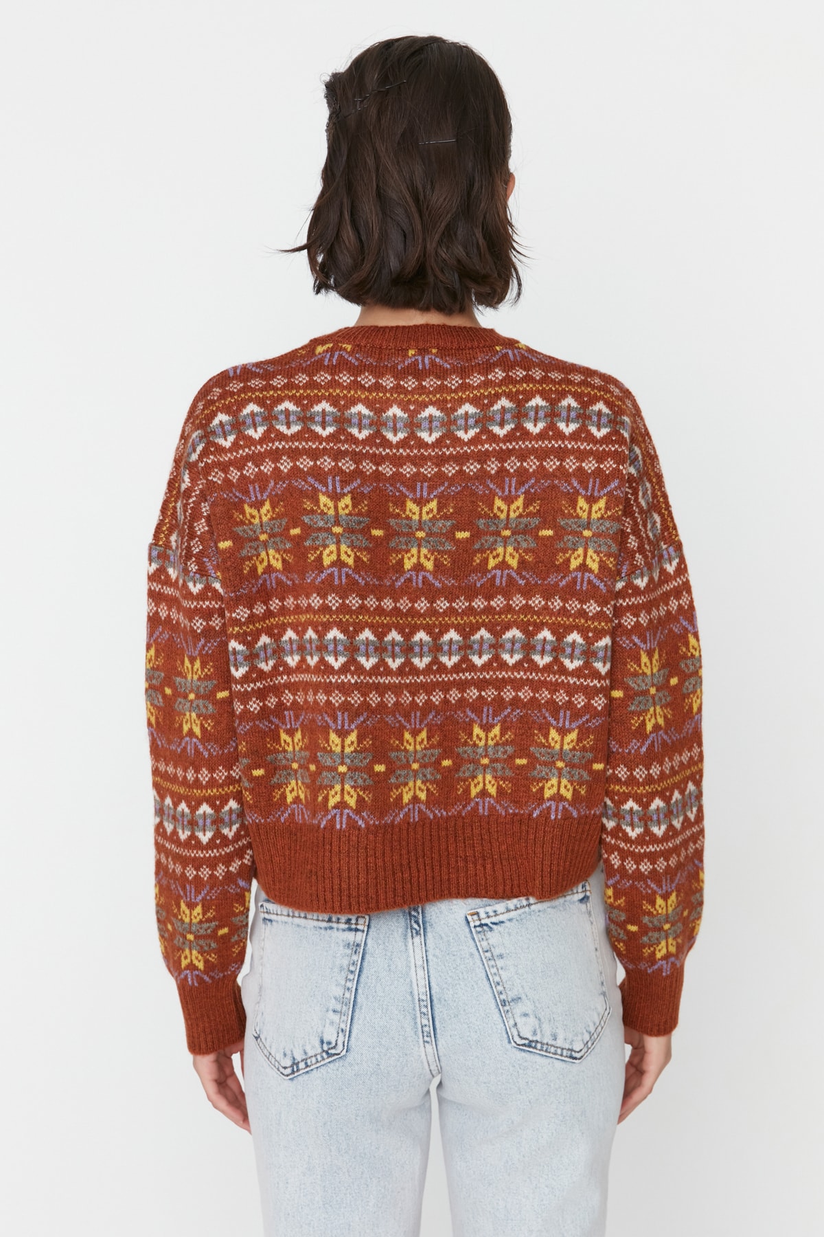 Trendyolmilla  Kahverengi Geniş Kalıp Yumuşak Dokulu Desenli Triko Kazak TWOAW23KZ00211 - Görsel 5