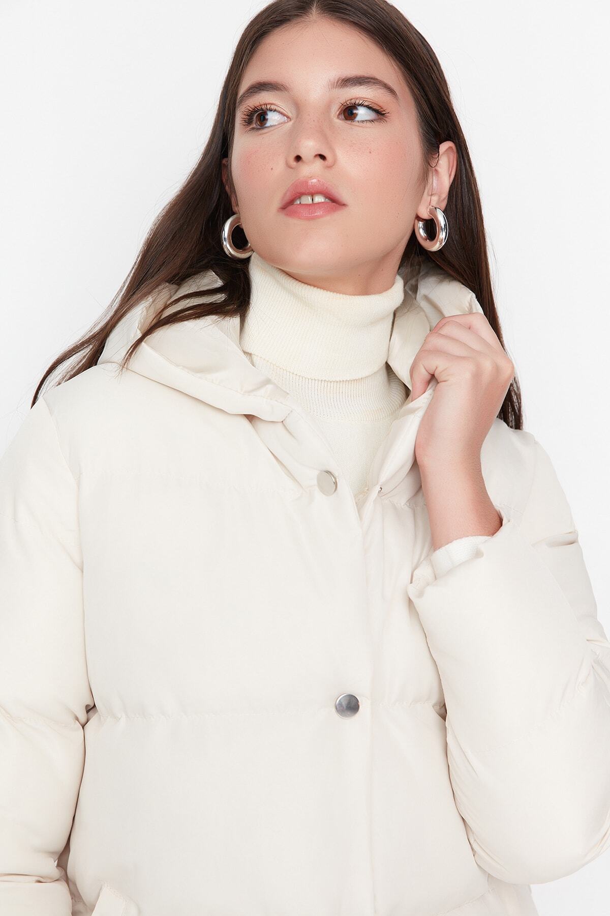 Trendyol Collection-Bézs túlméretes kapucnis kabát TWOAW23MO00250 3