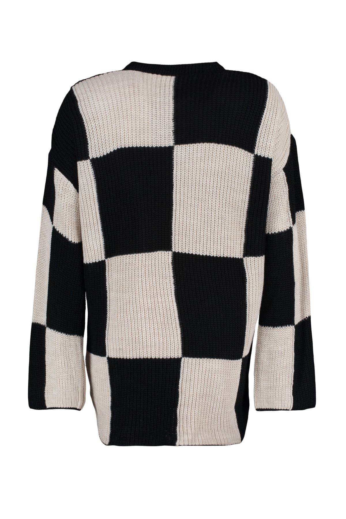 Trendyol Modest-Schwarzer, ecrufarbener Strickpullover mit Schachbrettmuster und Rundhalsausschnitt TCTAW23KZ00004 8