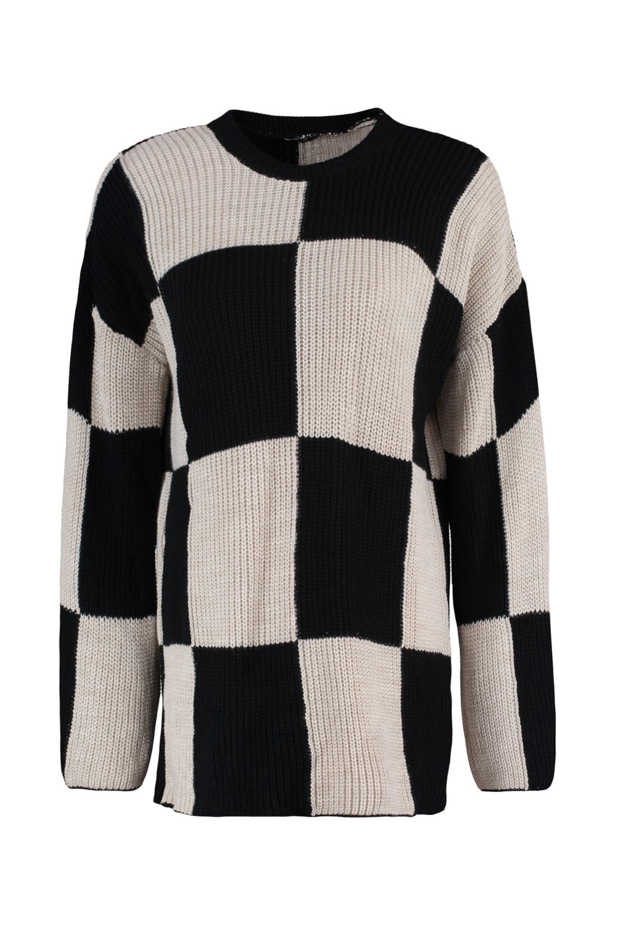 Trendyol Modest-Schwarzer, ecrufarbener Strickpullover mit Schachbrettmuster und Rundhalsausschnitt TCTAW23KZ00004 6