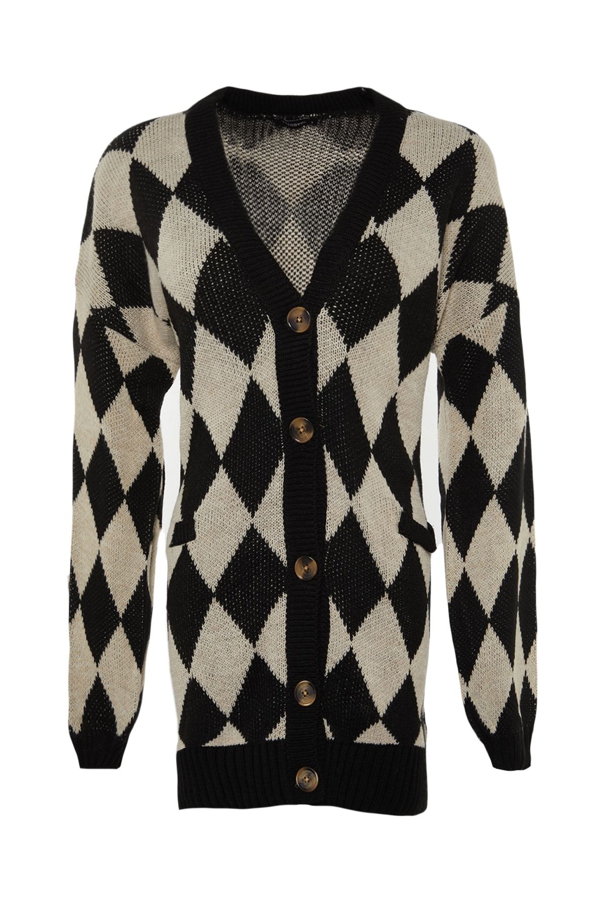 Trendyol Modest-Schwarzer Strickcardigan mit geometrischem Muster, Knochenknöpfen und Taschendetails TCTAW23HI00029 6