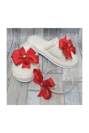 Miss Cici Kadın Kırmızı Büyük Fiyonklu Lohusa Tacı Ve Lohusa Terliği Set – Lo...