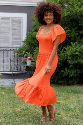 Kadın Turuncu Kare Yaka Ay Kol Maxi Brodeli Regular Fit Örme Elbise M10160000EL93032
