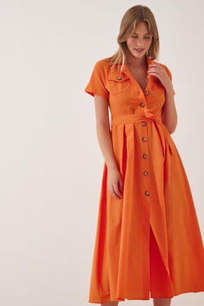 Kadın Oranj Kemerli Poplin Gömlek Elbise CY00004