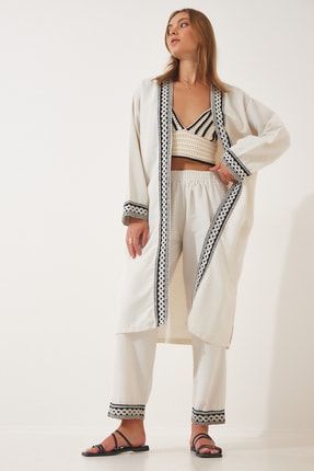 Kadın Krem Şeritli Ham Keten Kimono Pantolon Takımı AP00156
