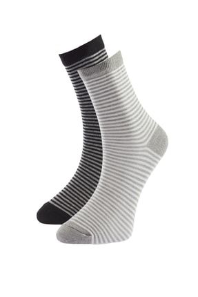 Siyah-Gri Çizgili 2'li Paket Örme Soket Çorap THMAW23CO00061
