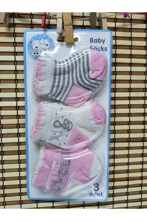 Simli Desenli %100 Cotton 3'lü Yeni Doğan Kız Bebek Çorabı 0-6 Ay 3x