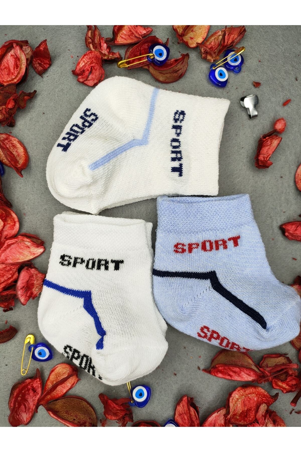 Akface-Sport Patterned 100% Cotton 3-Piece Baby Boy Socks 0-6 Months 3