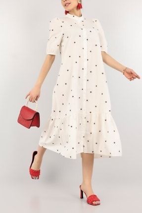 Yeni Trend Beyaz Boydan Düğmeli Poplin Desenli Elbise 409615