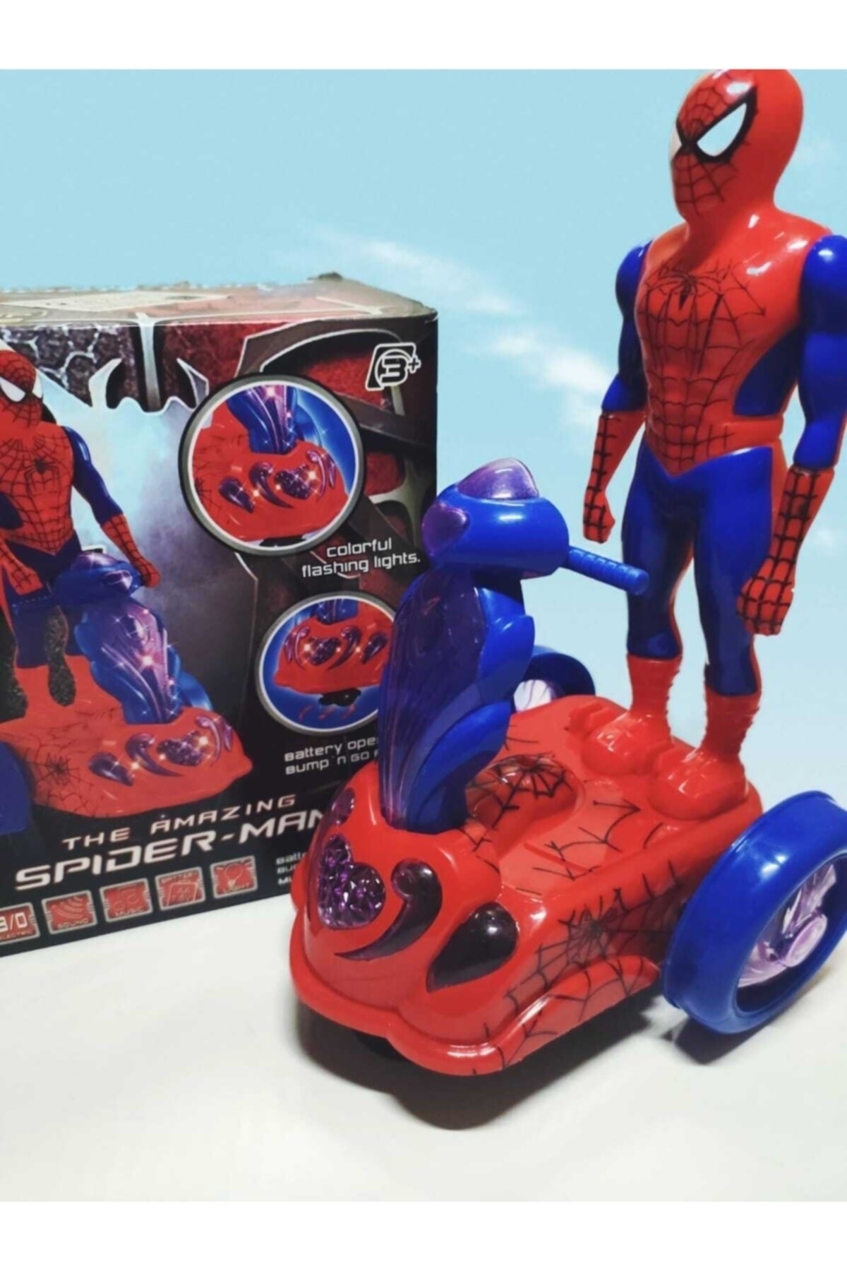 TURKAFONE Kutulu Pilli Müzikli Dans Eden Scooterlı Oyuncak Örümcek Adam Spiderman
