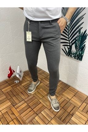 Erkek Füme Italyan Kesim Slim Fit Çizgili Kumaş Pantolon dark1249