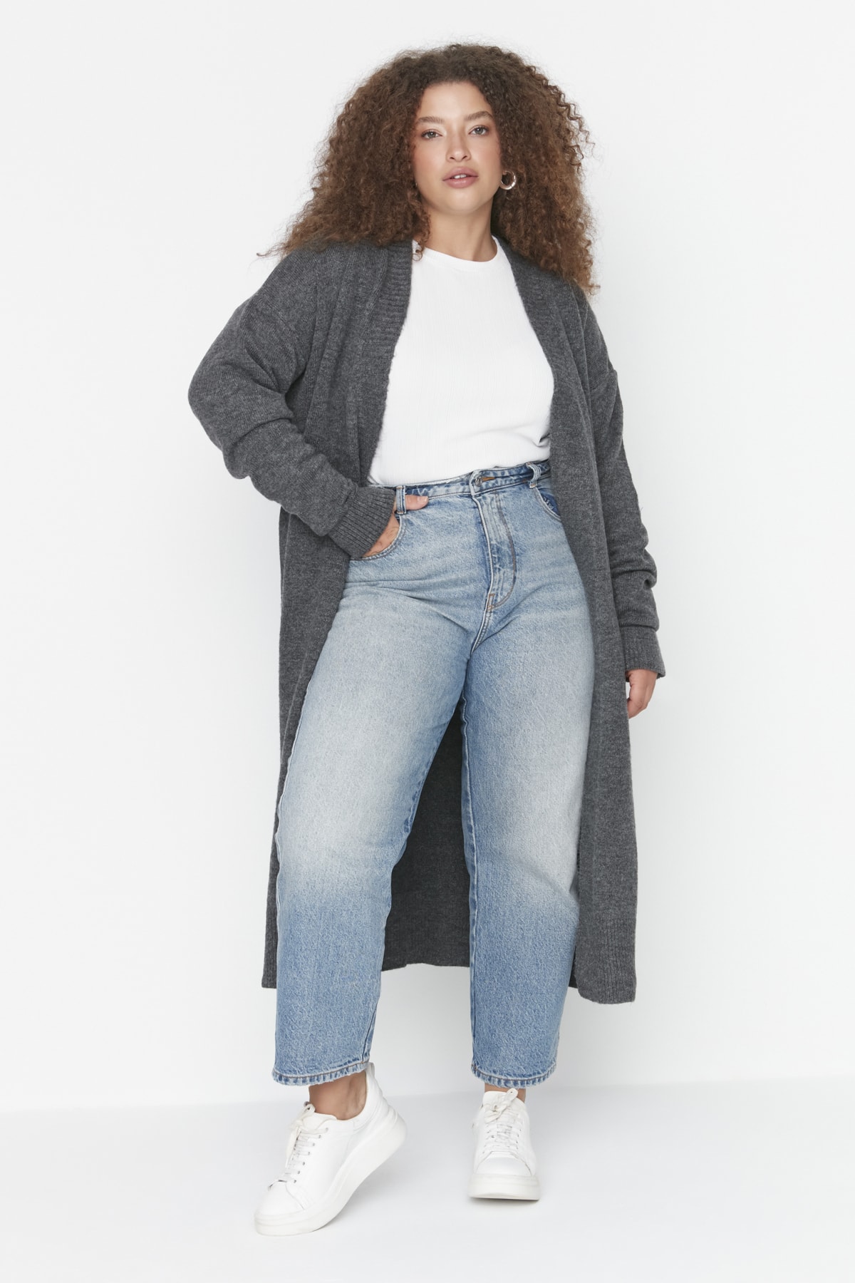 Trendyol Curve Plus Size Cardigan - Gray - Oversize