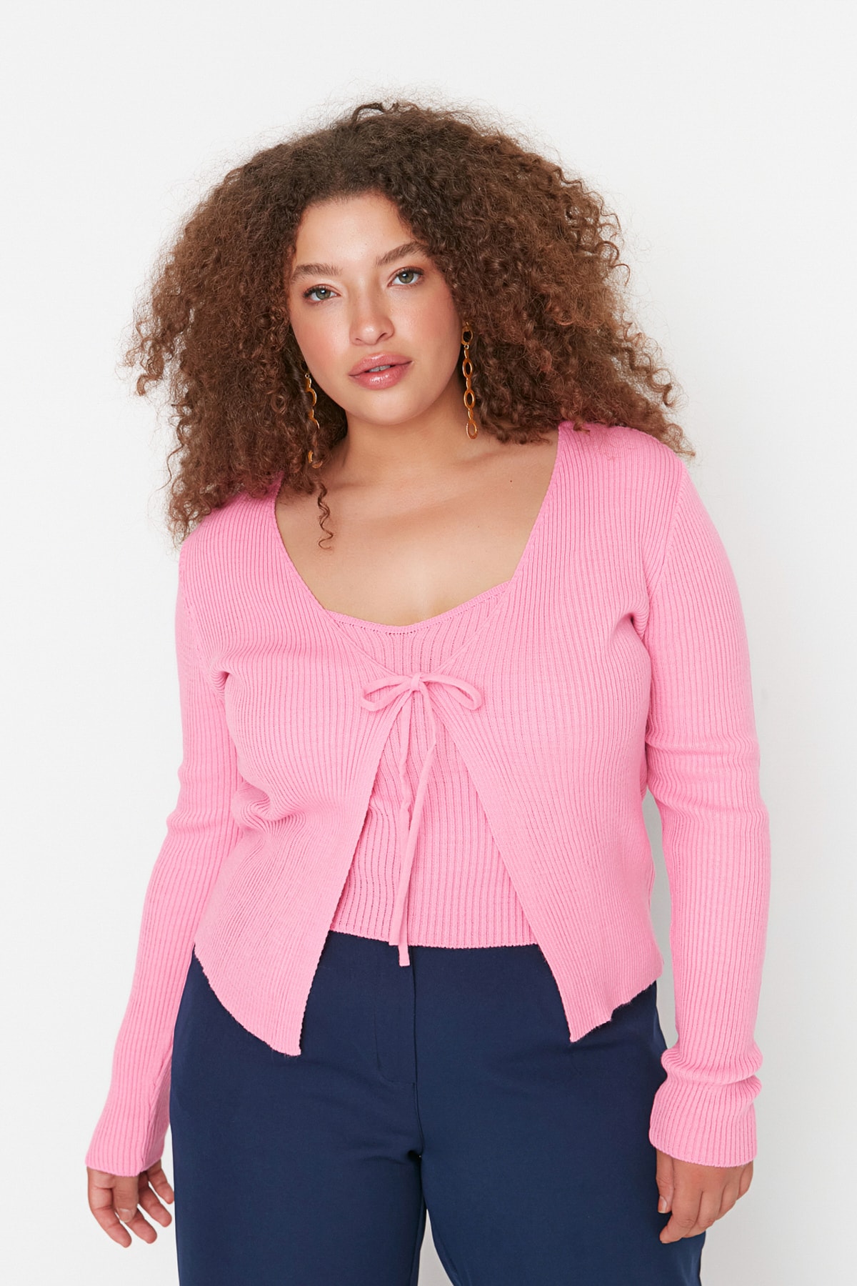 Trendyol Curve Plus Size Cardigan - Pink - Regular fit