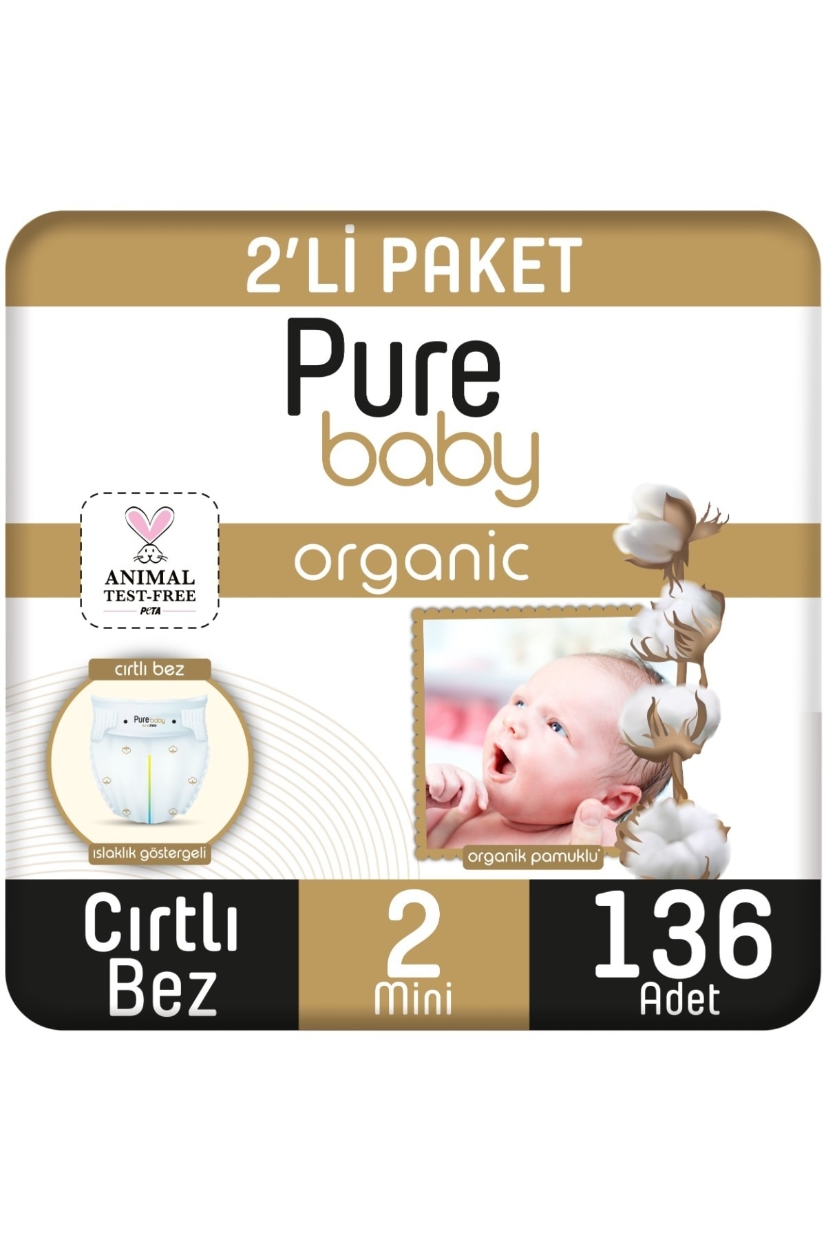 Pure Baby Organik Pamuklu Cırtlı Bez 2'li Paket 2 Numara Mini 136 Adet