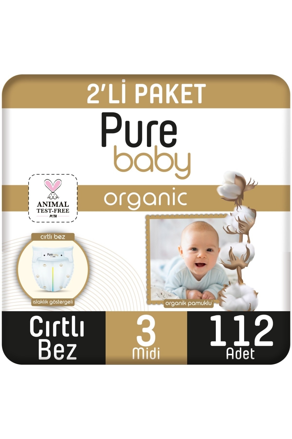 Pure Baby Organik Pamuklu Cırtlı Bez 2'li Paket 3 Numara Midi 112 Adet