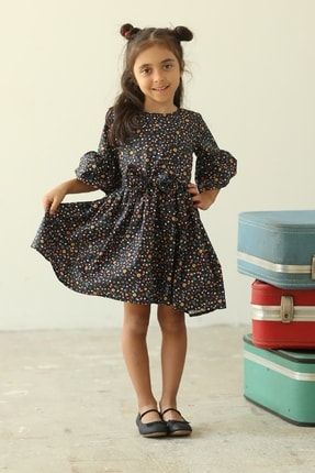 Siyah Çiçekli Belden Büzgülü Kız Çocuk Elbise KCGM10105