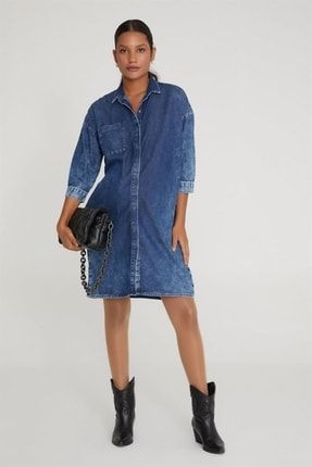 Hamile Yıkamalı Mavi Gömlek Elbise 1021 VAV1021-0003