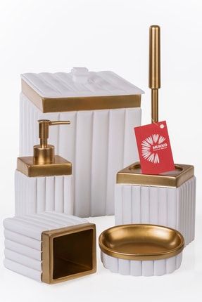 Elegant Beyaz & Gold Polyester 5 Prç Banyo Seti BAT2021