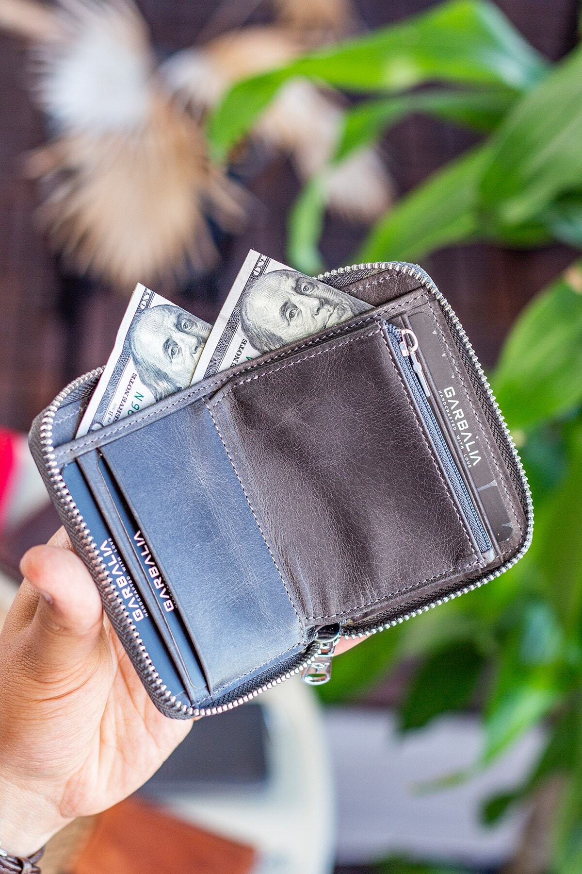 Garbalia-Sydney Genuine Leather Zippered Unisex Crazy Gray Wallet with Coin Compartment 3