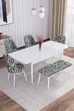 Leona Beyaz 80x132 Mdf Açılabilir Mutfak Masası Takımı 4 Sandalye, 1 Bench PRA-6525807-479517