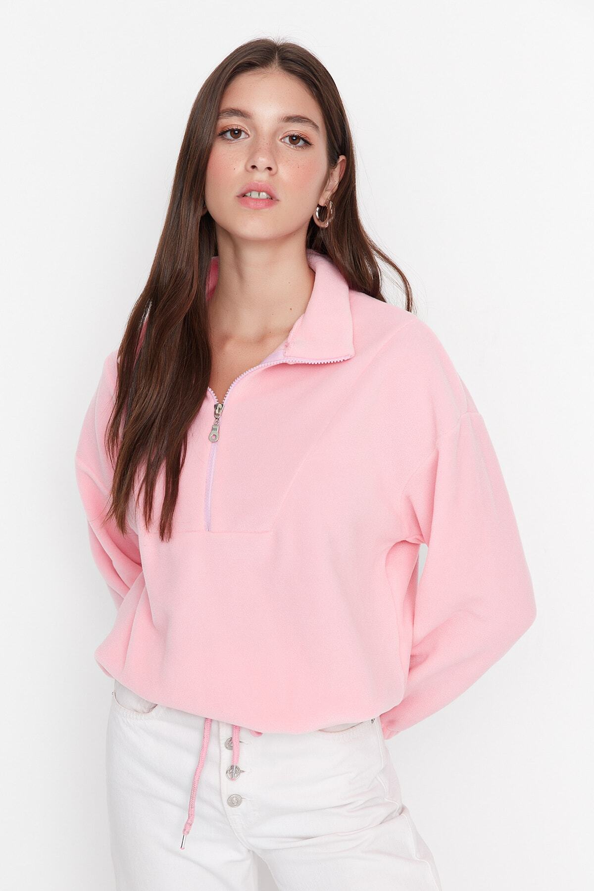 Trendyolmilla  Açık Pembe Fermuar Detaylı Polar Örme Sweatshirt TWOAW21SW0758 - Görsel 7
