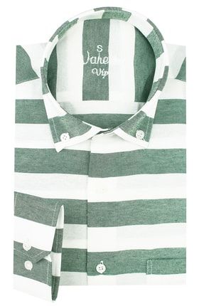 Erkek Su Yeşili Çizgili Pano Desen Uzun Kol Düğmeli Yaka Klasik Kesim Gömlek Pano1000