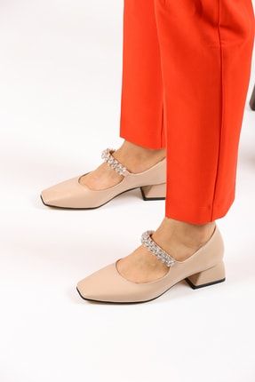 Bej Ten Cilt Şerit Taş Detaylı Kadın Topuklu Ayakkabı 3,5 Cm B2812801