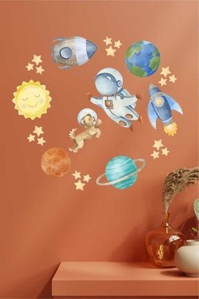 Astronot Ve Köpek Arkadaşı Uzayda Çocuk Odası Duvar Sticker Seti d2784