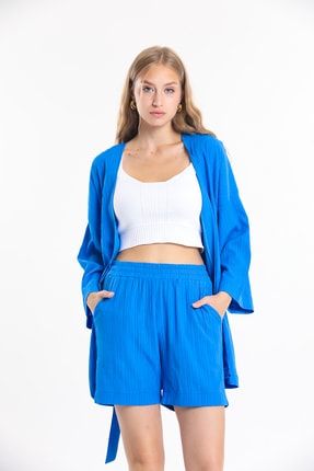 Mavi Gofre Kimono Şortlu Takım 8002