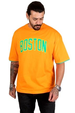 Erkek Orange Boston Yazı Baskılı Oversize Tişört 2200507 DGAY2200507