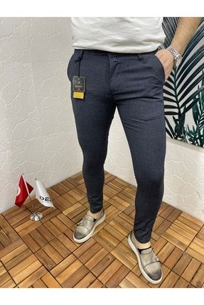 Erkek Lacivert Italyan Kesim Slim Fit Petek Desen Kumaş Pantolon biz1240