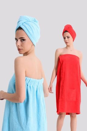 Organik Kadın Sauna Eteği 2'li Set Mavi Kırmızı SOLKSE1