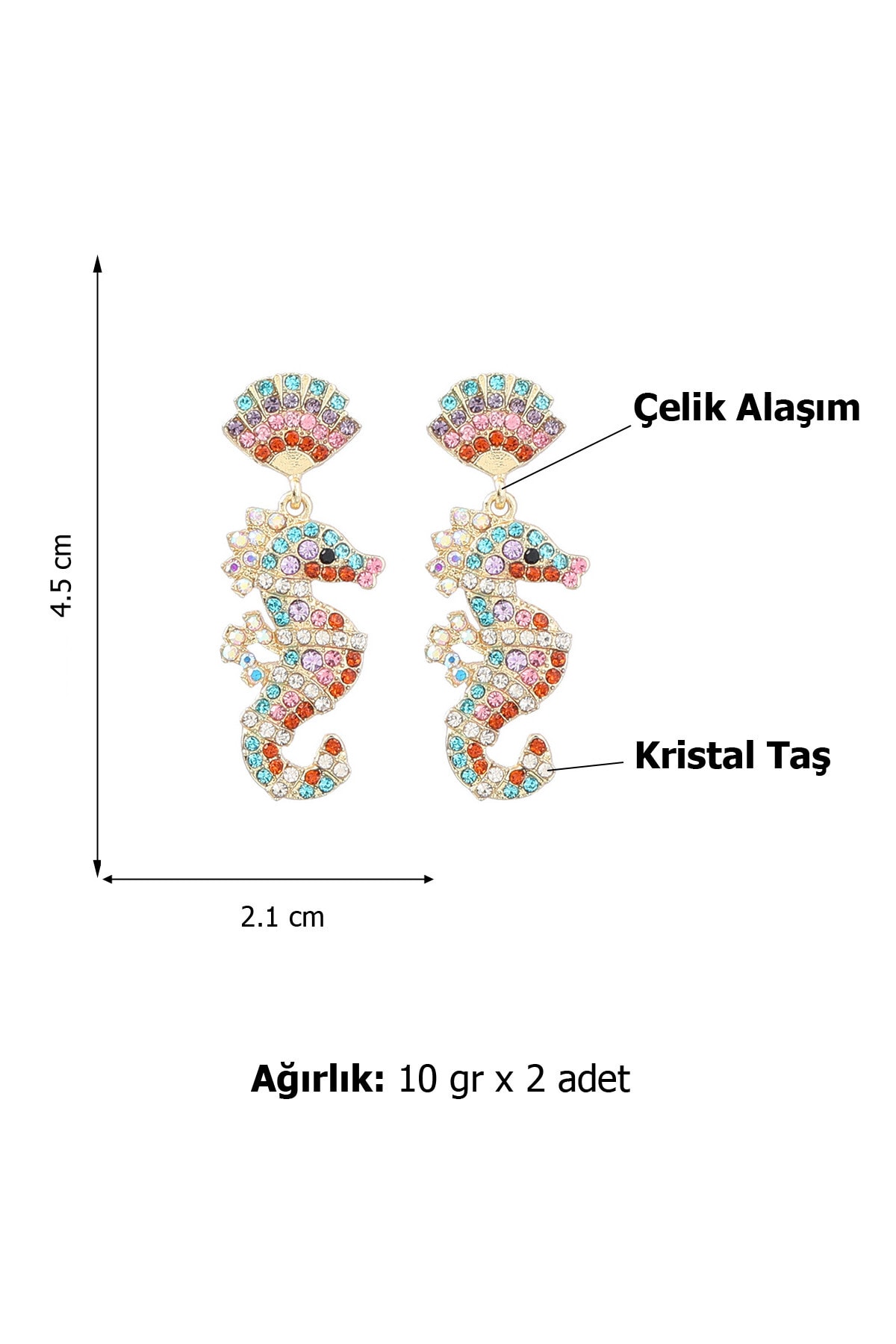 Yeni Deniz Atı Figürlü Kristal Taşlı 2'li Kadın Küpe 5