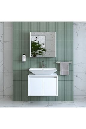 Banos Banyo Tm7.2 Lavabolu Mat Beyaz Mdf 65 Cm Banyo Dolabı + Aynalı Banyo Üst Dolabı 1723