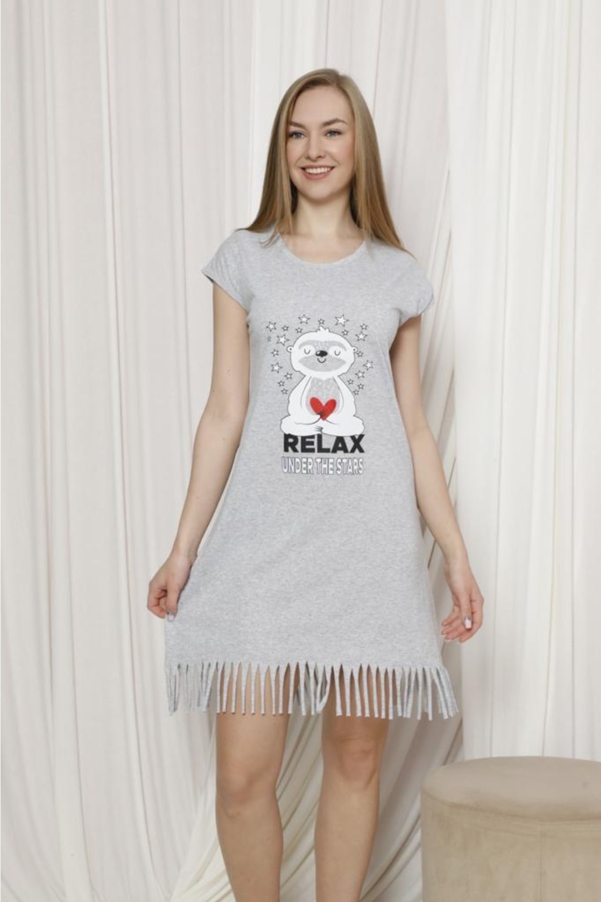 ZBTEKS Relax Yıldız Desenli Penye Pamuklu Günlük Elbise