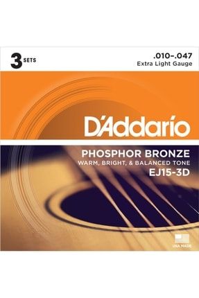 Daddarıo Ej15-3d Akustik Gitar Tel Seti, 3'lü Paket, Phospho 12010