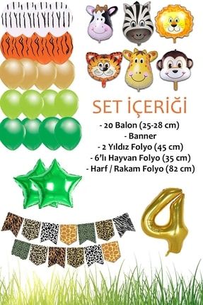 Safari Konsepti 4 Yaş Doğum Günü Parti Kutlama Seti; Rakam Ve Yıldız Folyo, Banner Ve Balon Zinciri PG0546D