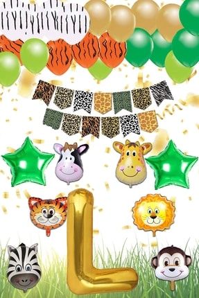 Safari Konsepti L Harfli Doğum Günü Parti Kutlama Seti; Harf Ve Yıldız Folyo, Banner Ve Balon Zincir PG0546D