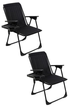2 Adet Kamp Sandalyesi Katlanır Piknik Sandalye Dikdörtgen Bardaklıklı Siyah MON2KSD