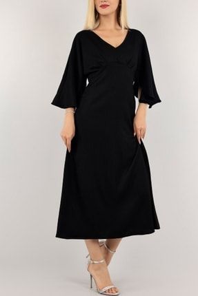 Siyah Yarasa Kol Midi Boy Krinkıl Kumaş Elbise 152328 CNR-152328