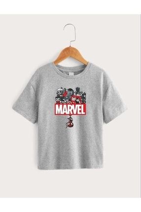 Çocuk Unisex Oversize Gri Marvel Karakterleri Baskılı T-shirt marvel-