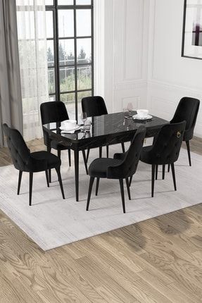 Alya 80x132 Açılabilir Siyah Mermer Mdf Yemek Masası Takımı 6 Sandalye rvnalyasyhmr6